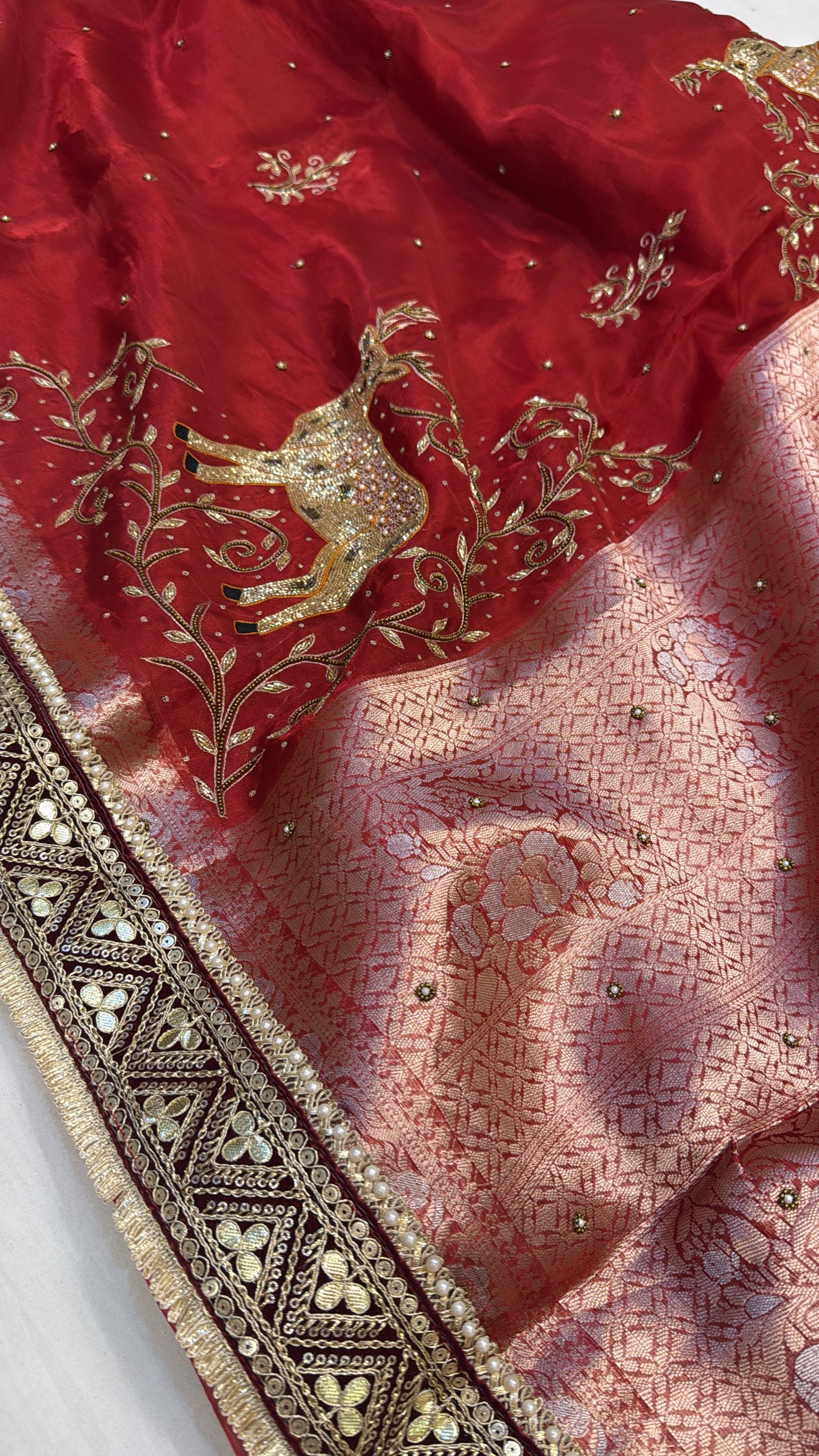 Blood red deer motif husn tissue silk hand embroidered kadhwa saree